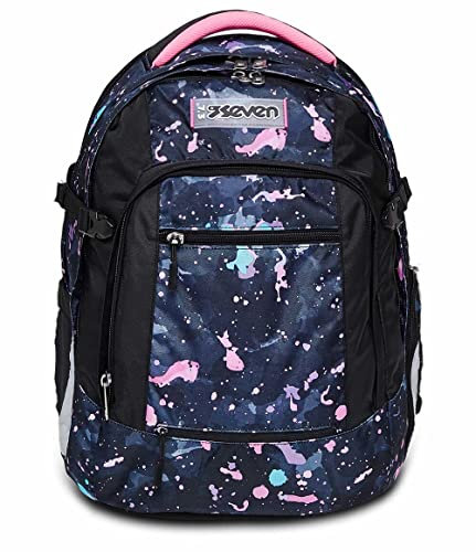 Seven Schulrucksack ergonomisch und erweiterbar - mehrere Fächer - Schulranzen für Mädchen Jungen nachhaltiges Gewebe - mit Höhenverstellungssystem, Gymnasium und Schule, UPDOWN TWICE SPLASHY LILAC
