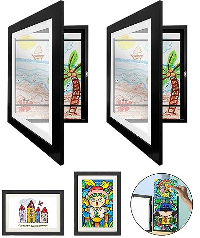 Tesyeux 2 Stück Kunstfotorahmen für Kinder,A4 Scharnierter Bilderrahmen Holz,Befüllbar Fotorahmen zum öffnen,Frontöffnung für Kunstwerke,Ideal für Kinderzeichnungen,Kunstprojekte,Zuhause oder Büro