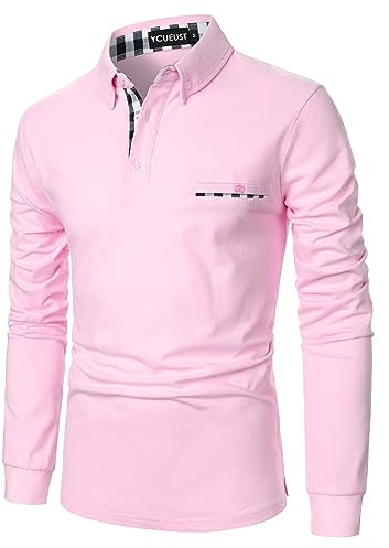 YCUEUST Homme Coton Lattice Manche Longue Polo Casual Basic Tennis Golf Poloshirt A-Rose L