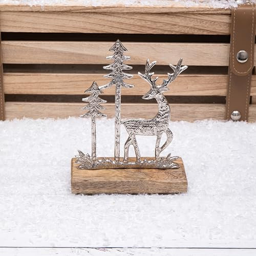 Silver Metal Stag/Reindeer & Christmas Tree Scene on Wooden Base Decorative Sesonal Ornament