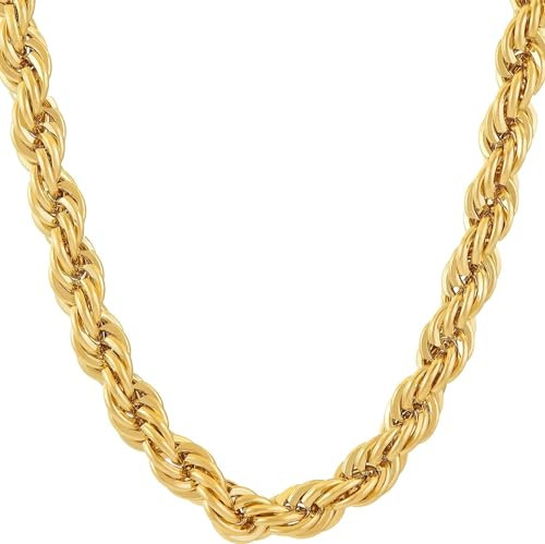 24k Gold Rope Chain Necklace, Mens 7mm Thick Gold Plated Rope Necklace, Waterproof & Tarnish-Proof Lobster Claw Clasp Neck Chain(56)