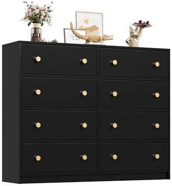 Nicehill Chest of Drawers with 8 Drawers, Wooden Frame & Gold Handles, Fabric Chest of Drawers for Bedroom, Living Room, Hallway, Entryway, Black