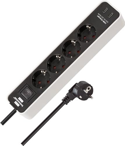 Brennenstuhl Ecolor Steckdosenleiste 4-Fach mit USB-Ladebuchse (Mehrfachsteckdose mit 2X USB C, Schalter und 1,5m Kabel) weiß/schwarz