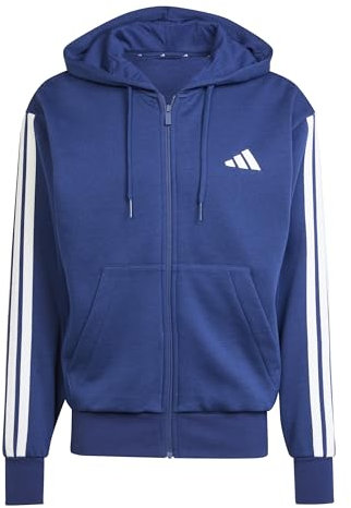 adidas Uomo Essential Three Stripes Fleece Zipper Hoodie, Dark Blue/White, M