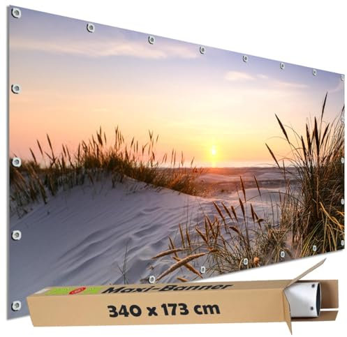 TRIOSK Sichtschutz Garten Dekoration Plane groß mit Motiv Strand Sonnenuntergang Meer Motivbanner Blickdicht für Terrasse Zaun Gartenzaun Gartenposter PVC Zaunblende 340x173 cm