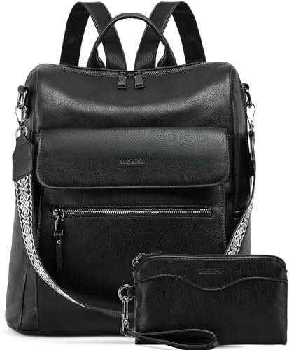 VASCHY Backpack for Women, Large Vegan Leather Rucksack with Wallet Set Convertible Handbag for Lady Guitar Strap