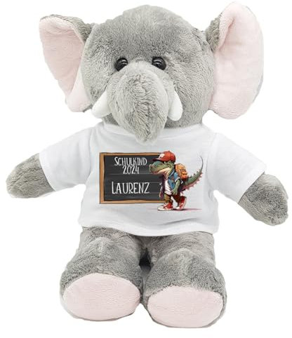 Kilala Personalisierter Elefant-Kuscheltier zur Einschulung 2025 – Kuscheliger Begleiter mit T-Shirt und Name – Perfekt für die Schultüte, Sitzhöhe 21 cm (Dino)