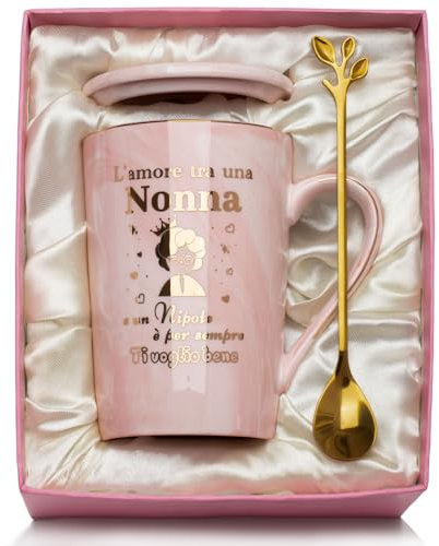 YIKILYLIFE Regalo Nonna Natale, Regalo Nonna Compleanno Tazza in Ceramica Marmo 14Oz, Regali Nonn-a Natale Creazioni Artigianali Creative Regali Nonn-a Mug, con Coperchio, Cucchiaio