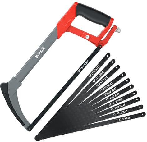 AIRAJ Hacksaw - Heavy Duty Hacksaw for Metal Cutting - Two Sawing Angles 45°/90° - with 10 Spare Blades - Metal Hack Saw for Wood, Plastics, Rubber and Other Common Materials