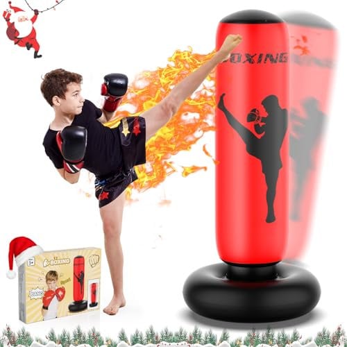 X XBEN 170CM Boxsack für Kinder, Größere Stabile Aufblasbarer Boxsack, Standboxsack ab 3-12 Jahre, Stehender Boxsack, Geschenke für Kinder zum Üben von Karate, Taekwondo und MMA, Rot