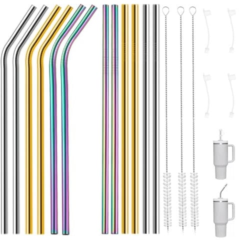 GOTRUST 12pcs Strohhalme Edelstahl Lang 30cm, Strohhalm Metall Bunt für Stanley Adventure Quencher 30oz/40oz Cup, Wiederverwendbar Trinkhalme Edelstahl Regenbogen mit 2 Reinigungsbürsten