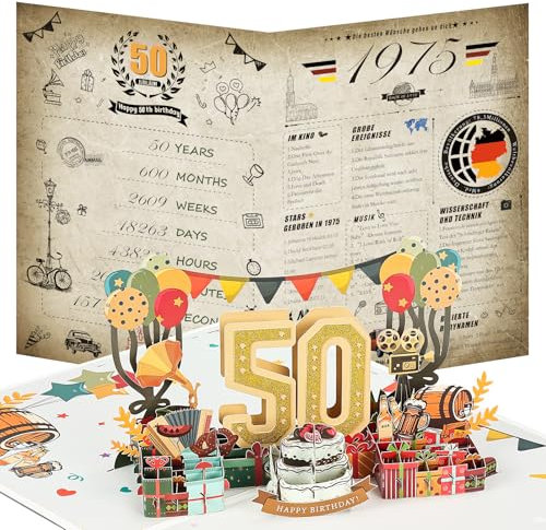 Joyoldelf 50. Geburtstagskarte, 1975 Jahrgang Zeitung Geburtstag Karte, 3D Pop Up Grußkarten mit Umschlag, Vintage Geburtstag Geschenke für Mann und Frau