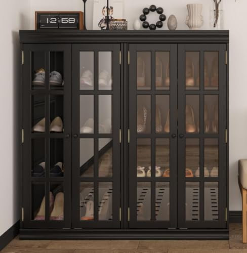 PREMTURE Armoire à Chaussures, Meuble à Chaussures en Verre de Haute qualité Armoire à Chaussures à 2 Portes avec Verre Meuble à Chaussures en Verre trempé- Noir - 20 x 40 x 120 cm