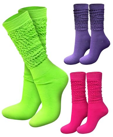 WILLBASIC Neon Slouch Scrunch Socks 3 Pairs Slouch Socks for Woman 80s Accessories for Women, Neon Women's Leg Warmers Heavy Soft Extra Long Scrunchy Socks, Neon, One size