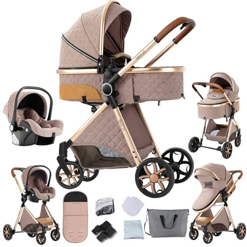 Veitoalioy Kinderwagen 3 in 1, Bequemer Multifunktionaler Kombikinderwagen 3 in 1 Komplettset, Aluminium Hohe Landschaft Babywagen, Faltbarer Kinderwagen Set (V9 Khaki)