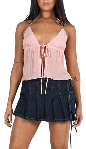 Barbotimer Cardigan Top Corto a Canotta Estiva per Festa Streetwear Canotte con Halter Sexy Allacciato Scollo a V Senza Schiena Donna Elegante Casual (Rosa, S)