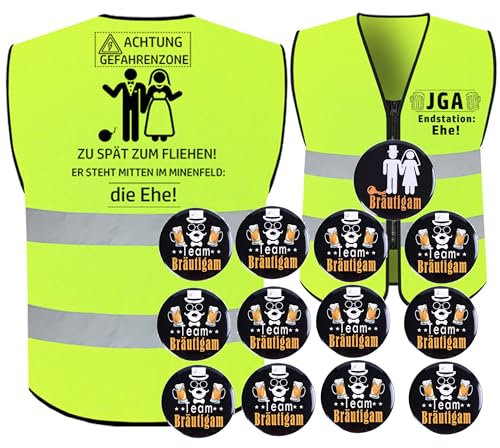 Lustiges Junggesellenabschied-Set für den Bräutigam – Reflektierende Weste + 1 Bräutigam-Badge + 12 Freunde-Badges JGA Accessoires Männer Geschenkidee für Junggesellenabschied