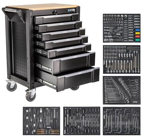 Stix UltimatePro C7/TS1 - Carrello da officina con 267 pezzi Cr-V, carrello degli attrezzi su ruote, cassetti con cuscinetti a sfera, piano di lavoro in legno