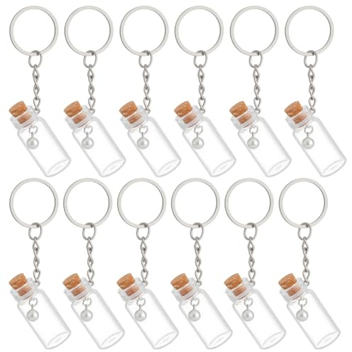 NBEADS 16Pcs Mini Glass Bottle, 4ml Glass Vials with Bell and Corks Lids Glass Bottles Keychains with Iron Ring Miniature Message Bottles for DIY Crafts Wedding Favors Party Home Decoration, Platinum