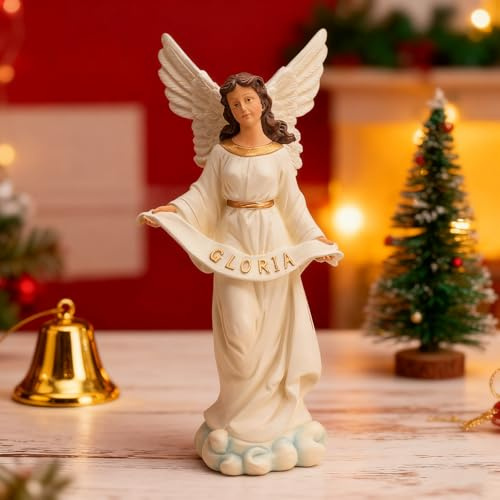 MeritMode Gloria Engelsfigur 38,1 cm, Kunstharz, Weihnachtsengel Statue mit goldenen Akzenten, religiöse Weihnachtsdekoration für Krippe, Tischschutzengel Dekor Geschenk