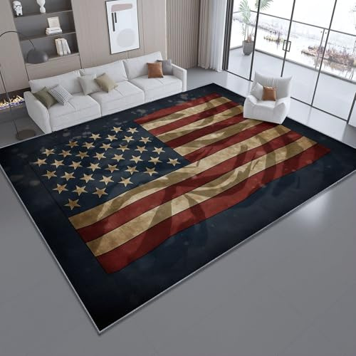 Generisch Waschbarer Teppich Wohnzimmer, Retro-Stil Digitale Kunst Amerikanische Flagge Fluffy Carpet Schlafzimmer - Kurzflor rutschfest FüR Living Room Schlafzimmer BüRo(Blau 50 x 80 cm)