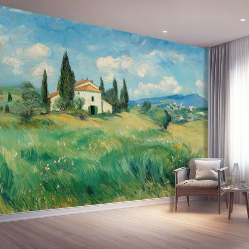 Vlies Fototapete Ölgemälde Dorf Wiese Ländlich, Elegante Wandtapete für Wohnzimmer, blasenfreie Anbringung für ein stilvolles Raum-Makeover (Bunt, 350 x 256 cm)
