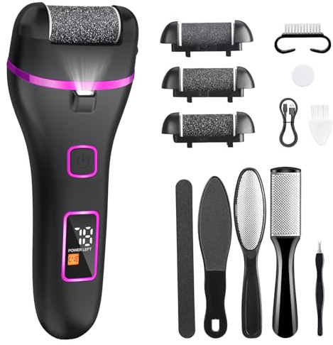 Wolady Electric Foot File, Hard Skin Remover Rechargeable Feet Scrubber Waterproof Callus Remover for Dry Dead Cracked Feet,Professional Pedicure Foot Care Kit with 3 Roller Heads