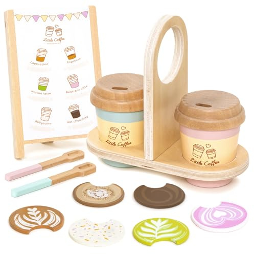 UMU® Kinder Coffee to Go Spielset aus Holz – Kinderküche Zubehör inkl. Verkaufstafel für den Kaufladen, Kaffeeservice für Rollenspiele, 15-teiliges Holzspielzeug für Kinder ab 3 4 5 6 Jahren