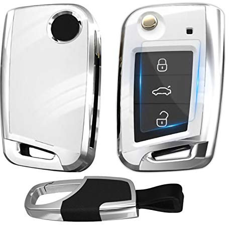 Kwak's Cas clé de Voiture pour VW Compatible avec Volkswagen Tiguan-L Golf 7 Lamando Teramont Touran-L Lavida Bora Skoda Seat Flip clé de Voiture Couvercle de clé ABS-Blanc