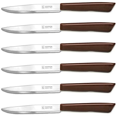 Juego de 6 cuchillos de cocina italianos (11 cm, extra afilados, cuchillo de mesa, mango ergonómico, apto para lavavajillas), color marrón