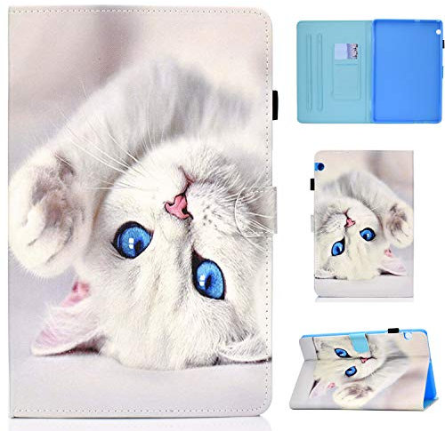 Succtop Cover Huawei Mediapad T5-10 Custodia in Pelle PU Flip Funzione Stand Cover Portafoglio Porta Penna Slot Card Custodia Tablet per Huawei Mediapad T5 10.1 Pollici 2019 - Gatto Bianco