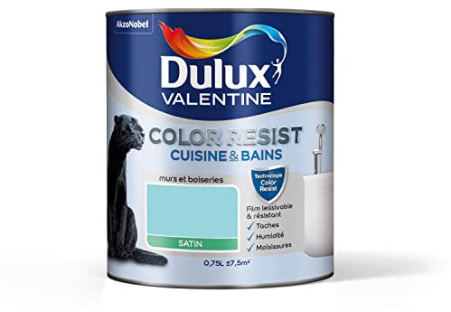 Dulux Valentine Color Resist - Peinture Intérieure Pièces Humides - Pour Murs, Plafonds, Boiseries - Lessivable et Résistante - Couleur : Bleu Indien Satin - 0,75 L - 5262094