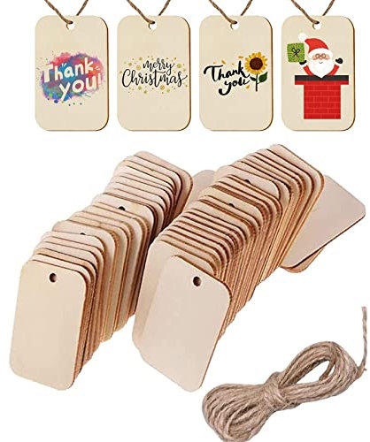 50 Stücke Unvollendete Holz Quadrate, Holz Anhänger Holz Geschenkanhänger mit Loch, mit Hanfseil Holzplättchen für Hängende Dekorationen, DIY Kunsthandwerk, Partys Dekor