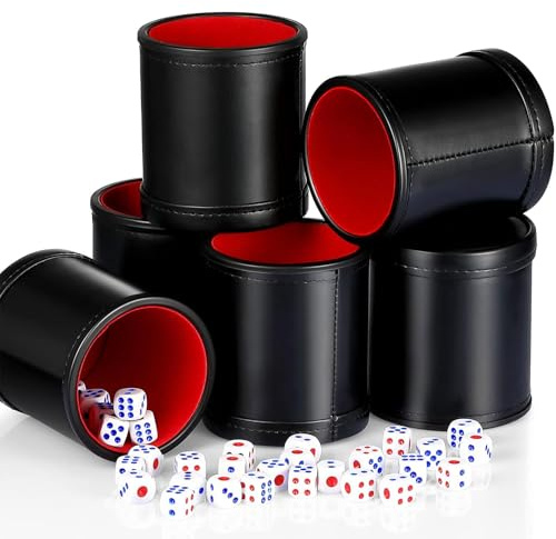 Skylety 6 Pcs Leather Dice Cups with 30 Dice, Red Felt Lining Quiet