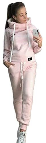 Yutdeng Tuta da Ginnastica Donna Felpe con Cappuccio e Pantaloni 2 Pezzi Invernale Caldo Pullover Tops Lunghi Pigiama Set Casual Jogging Tuta per Tempo Libero Termico Completi Sportivi Rosa L