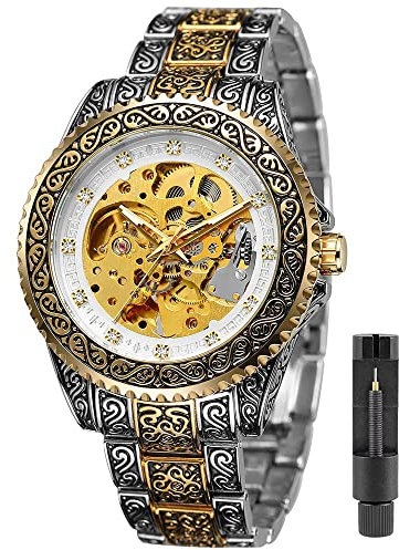 Tiong Herrenuhr Carving Gold Schwarz Automatische Mechanische Uhr für Männer Skelett Luxus Gravur Goldene Armbanduhr, FOR1136-Gold, Weiß, Mechanisch