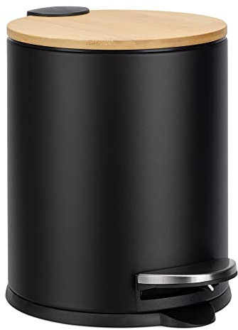 Navaris Cubo de basura pequeño con pedal - Papelera de metal de 5 litros con tapa de bambú - Para baño lavabo cocina escritorio reciclaje - Negro