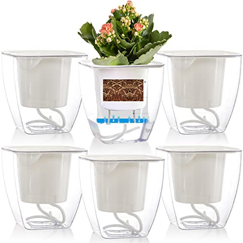 Lyellfe Selbstbewässernde Kunststofftöpfe, 10,2 cm, transparent, afrikanische Veilchen-Töpfe für Zimmerpflanzen, automatische Bewässerung mit Drainage, Dochtseil, Fensterbank, Gärten, Kräuter,
