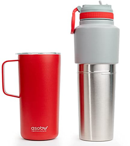 Asobu Borraccia termica con coperchio con cannuccia, 880,5 g e tazza termica in acciaio inox da 590 ml, confezione doppia (rosso)