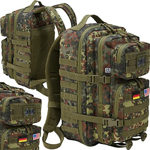 BWuM US Assault Pack Cooper Rucksack + Patch & Flaggen, Größe:Medium (30L), Farbe:Flecktarn