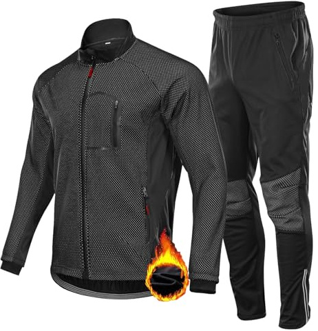 HOMTOL Herren Radjacke Set Winter Thermal Wasserdicht Winddicht Fahrradjacke Set Thermo Fleece Lange Radhose + Fahrradhose (DE/NL/SE/PL, Alphanumerisch, L, Regular, Regular, Schwarz)