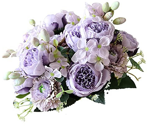 CHAMEEN Fleurs Artificielles Pivoine Mauve Faux Soie Hortensia Bouquet Oeillets 2pcs