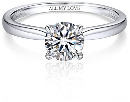 MomentWish Verlobungsring Damen 1-2 Karat Moissainte Ring Frauen Silber 925 | Moissaint Solitär Verlobungsringe Damen Weißgold Beschichtet Weihnachten Valentinstag Jahrestag Geschenk für Frau Freundin