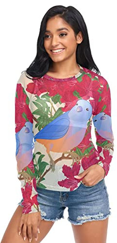 Anantty Frauen Casual Tops T Shirt Rot Rhododendron Vogel Langarm Shirts Tunika Tops Mesh Longline Shirt Rundhals Pullover, mehrfarbig, M