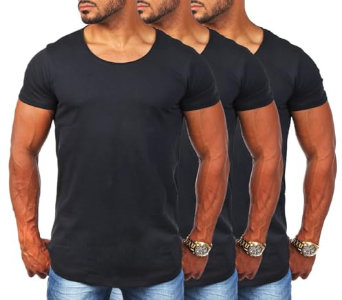 Young & Rich Herren Uni T-Shirt mit tiefem Rundhals Ausschnitt einfarbig körperbetontes Basic Tee Vintage Look 1702