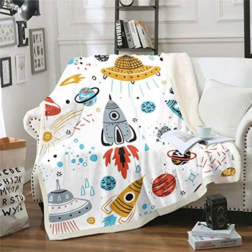 Loussiesd Kinder Weltraumrakete Wohndecke Jungen Universum Planet Kuscheldecke Mädchen Abenteuer im Weltraum Flanell Fleecedecke für Bett Sofa Raumschiff-Design Dekor 150x200cm