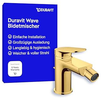 Duravit Wave Einhebel-Bidetarmatur (Auslauf Höhe 85 mm), Bidetmischer mit Zugstangen-Ablaufgarnitur, Gold Poliert