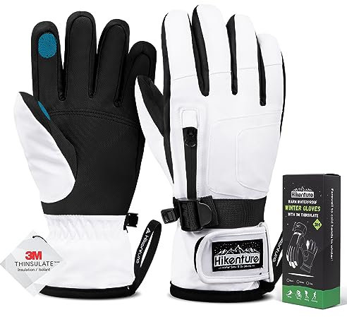 HIKENTURE Winterhandschuhe Herren Damen, 3M Thinsulate Skihandschuhe, Wasserdichte Handschuhe Winter Warm, Winddichte Touchscreen Snowboardhandschuhe für Skifahren, Radfahren, Motorrad, Laufen White-L