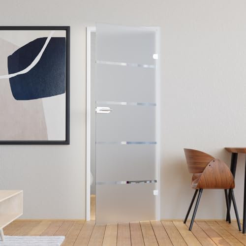 Glastür Komplettset mit Beschlag 834 x 1972 mm Milchglas Streifen - Glastüren mit 8mm ESG satiniert - Innentür Glas mit Türgriff Edelstahl eckig Profilzylinder vorgerichtet DIN rechts