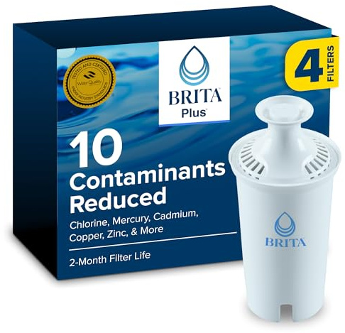 Brita Plus Filtre à eau, sans BPA, filtre de rechange haute densité pour pichets et distributeurs, réduit 2 fois les contaminants*, dure deux mois ou 125 litres, comprend 4 filtres